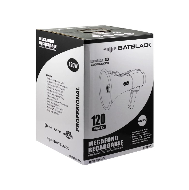 Megáfono de Alta Potencia 120W Recargable con BT Batblack BT-MF98