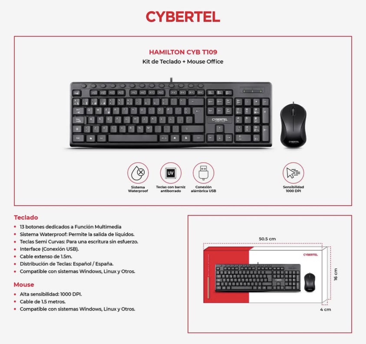 Teclado Multimedia + Mouse (Kit alambrico) CYBERTEL Hamilton CYB-109
