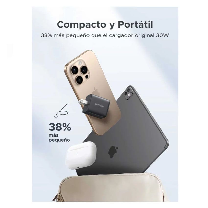 Cargador Ugreen 30W USB-C+USB-A GAN PD 3.0 Iphone 17, Ipad, Airpods X516 65025