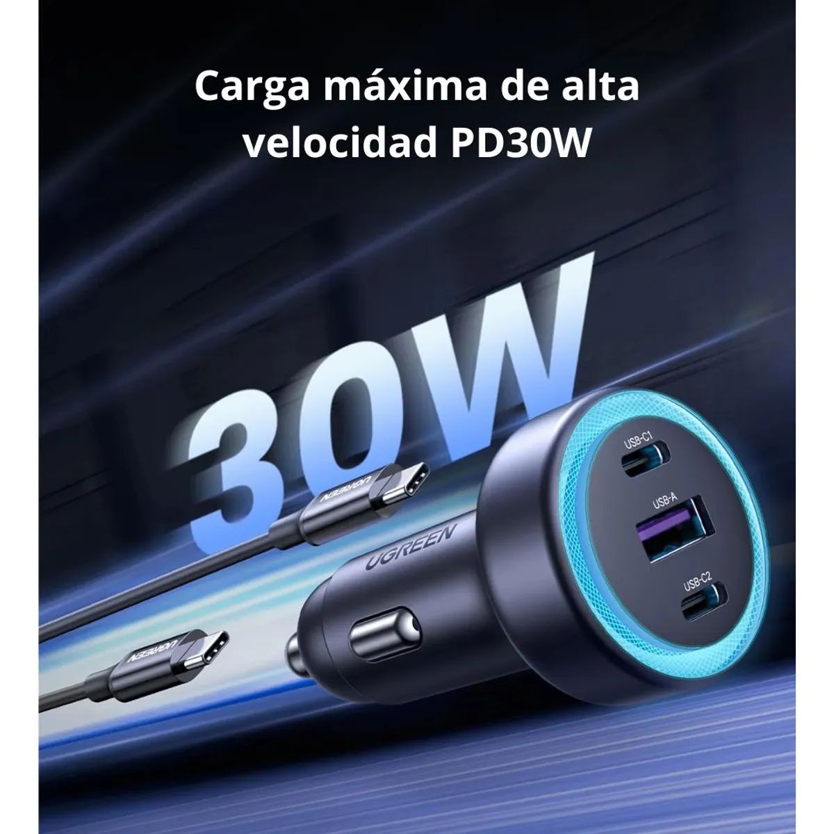 Cargador Para Auto Ugreen 30W 3 Puertos 2 USB-C USB-A Carga Rápida PD Ugreen Ec307