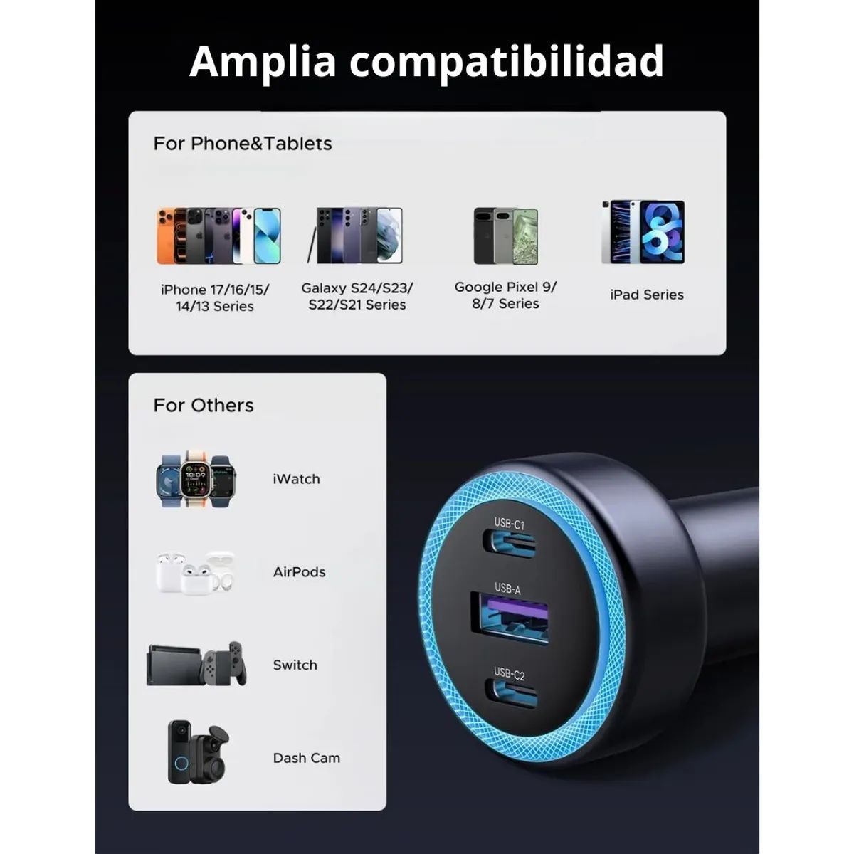 Cargador Para Auto Ugreen 30W 3 Puertos 2 USB-C USB-A Carga Rápida PD Ugreen Ec307