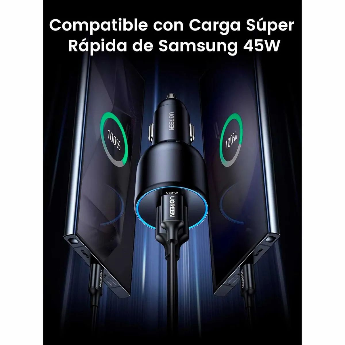 Cargador Auto Ugreen, 130W, 2 Puertos USB-C, 1 USB-A, Carga Rápida, Power Delivery, Qc 3.0, Ec705, Gris
