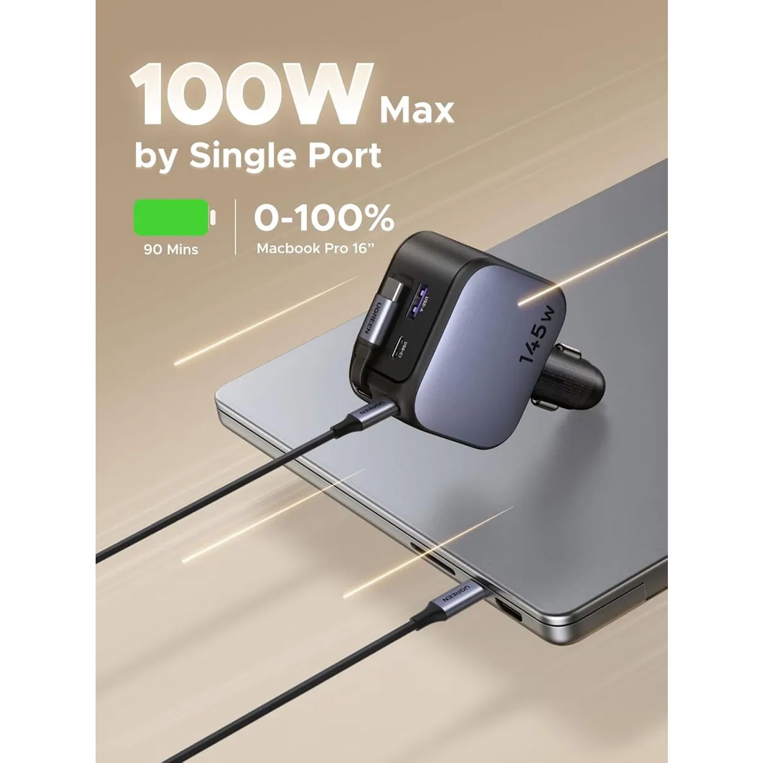 Cargador Ugreen 145W Para Carro Carga Rápida Cable Incluido Negro Ec604-55910B