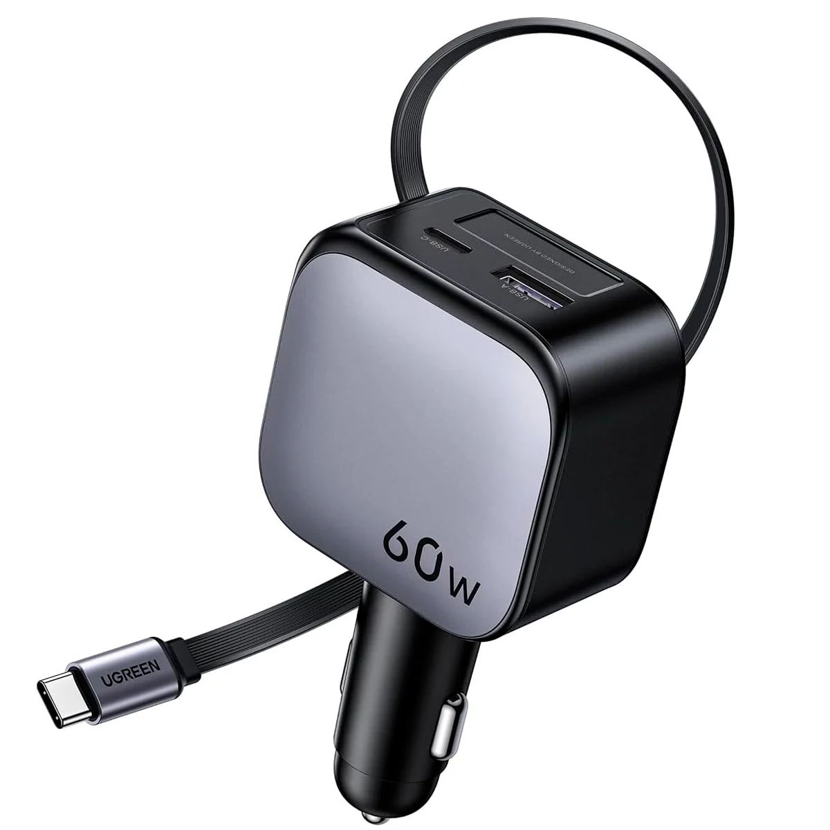 Cargador De Auto Ugreen Ec602 55212B Nexode 60W Con Cable Retractil Gris