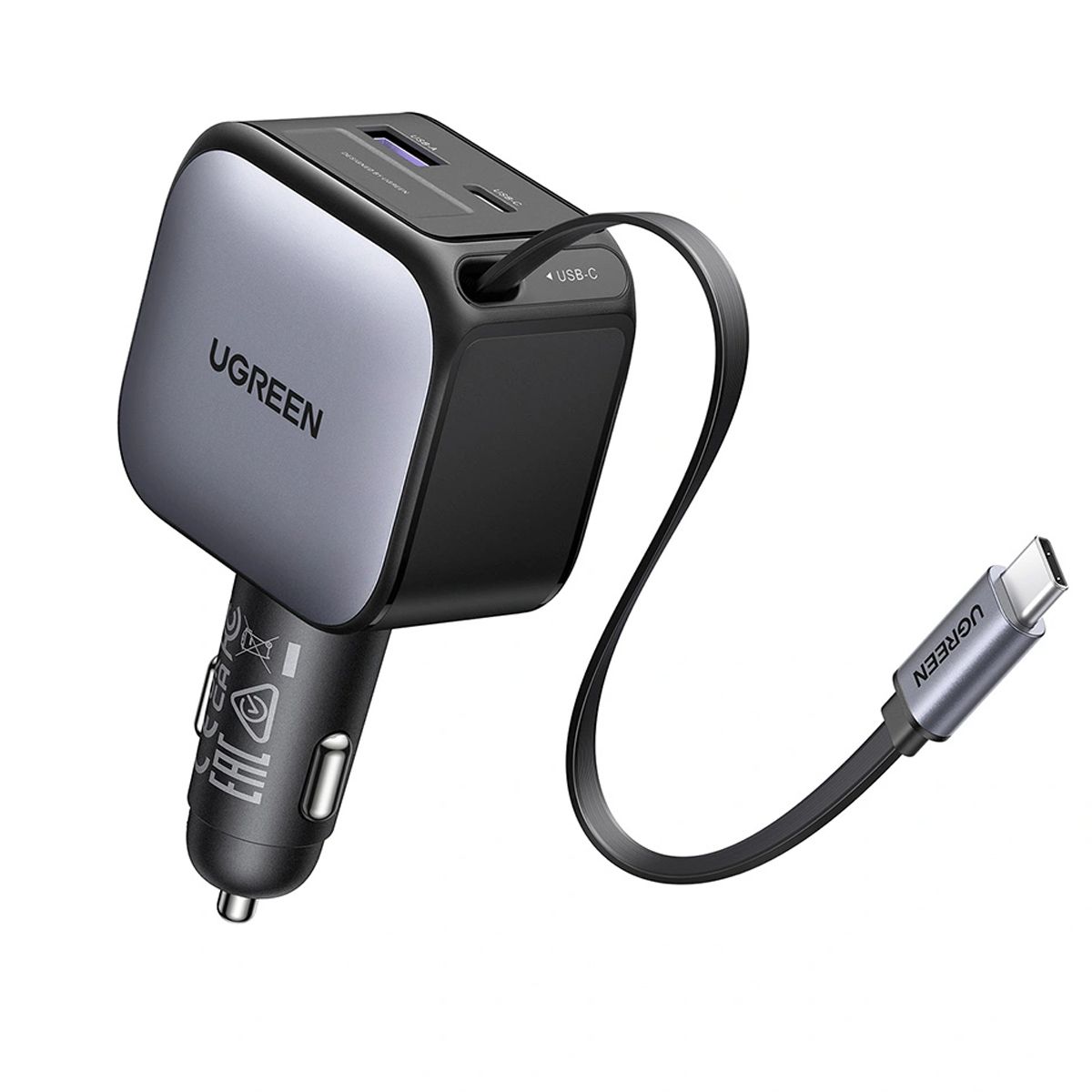 Cargador De Auto Ugreen Ec602 55212B Nexode 60W Con Cable Retractil Gris