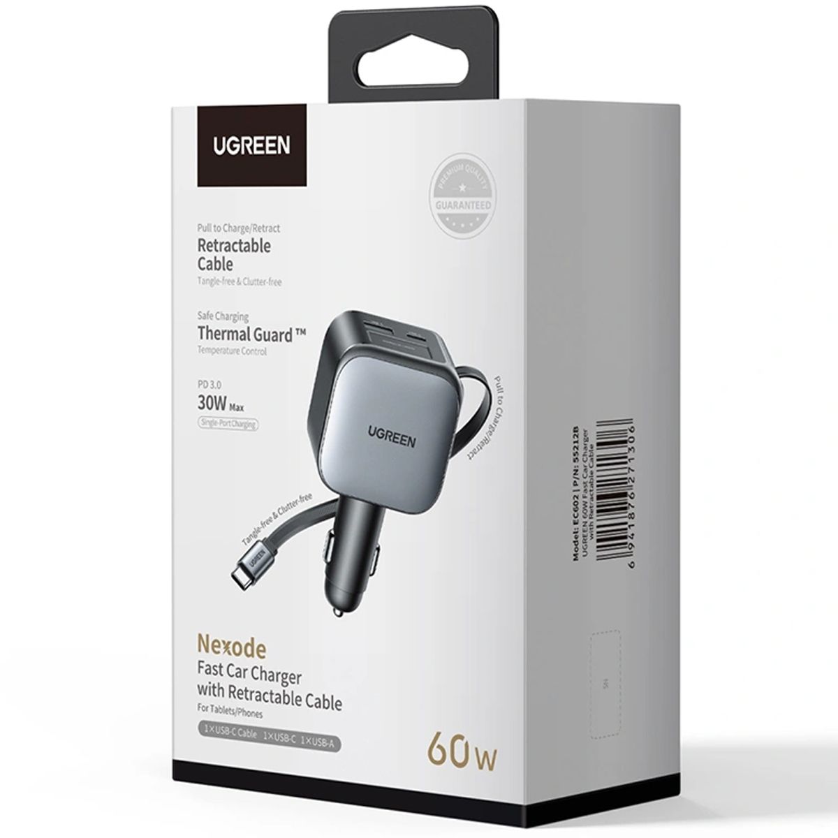 Cargador De Auto Ugreen Ec602 55212B Nexode 60W Con Cable Retractil Gris
