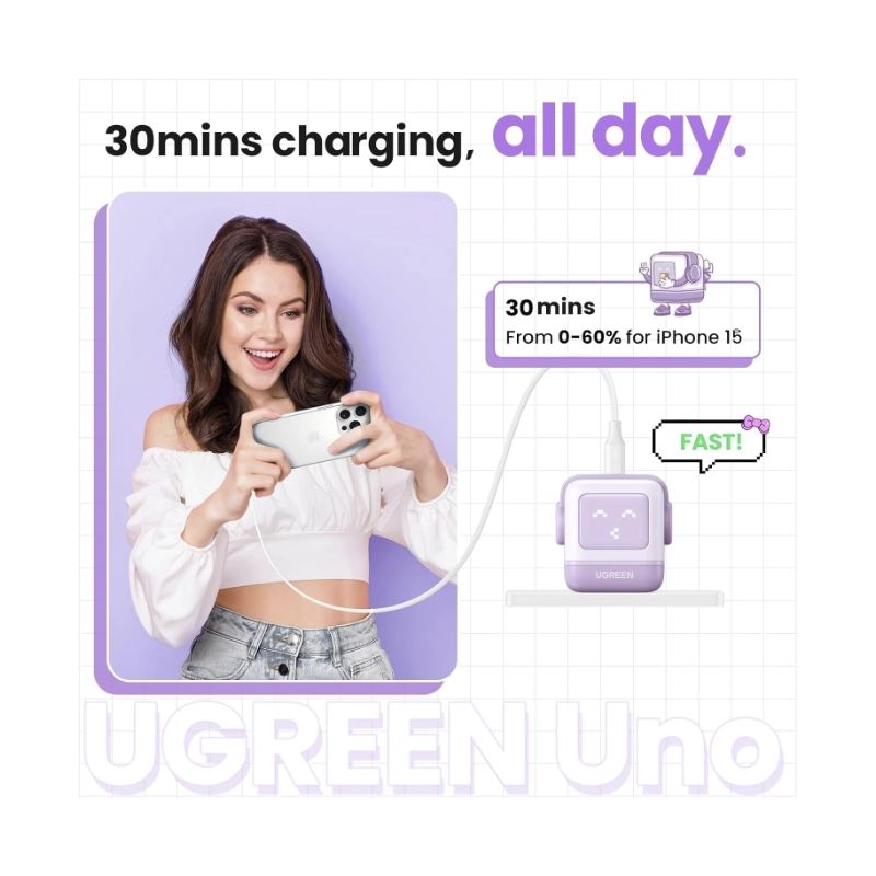 Cargador De Pared USB-C Ugreen Nexode Uno Rg Cd359 (25036) Purpura, Robot GAN, 30W, Carga Rapida