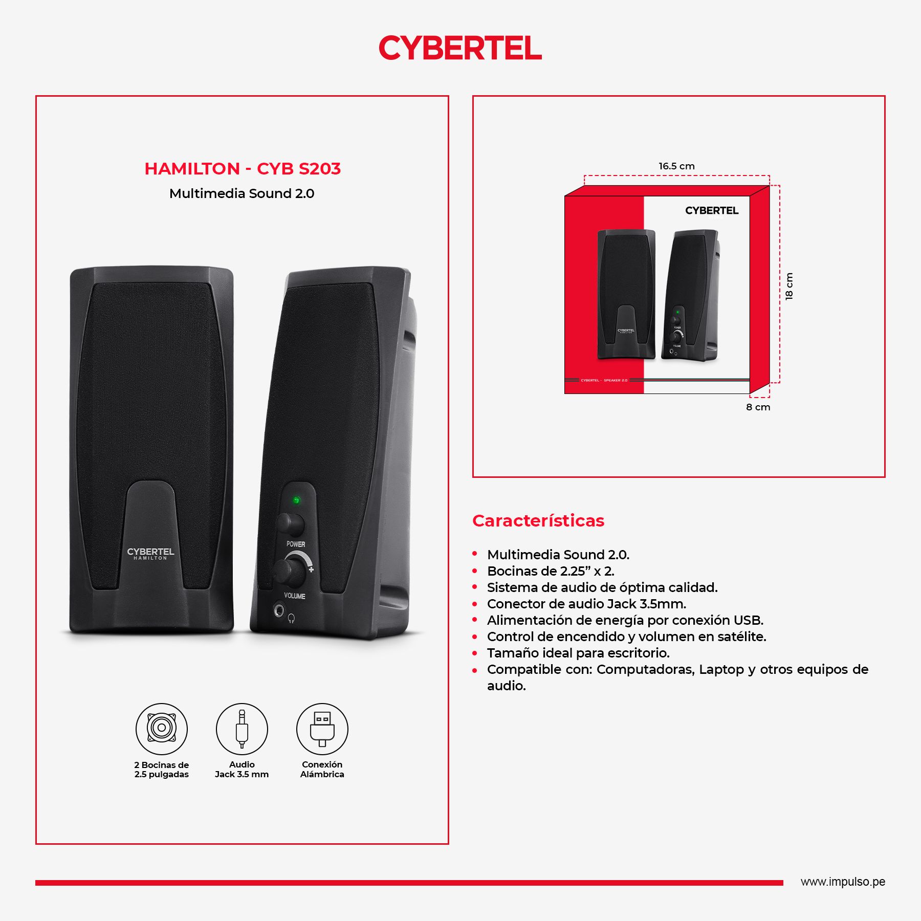 Hamilton CYB S203 Parlante 2.0 USB 2" Rms:6W Cybertel