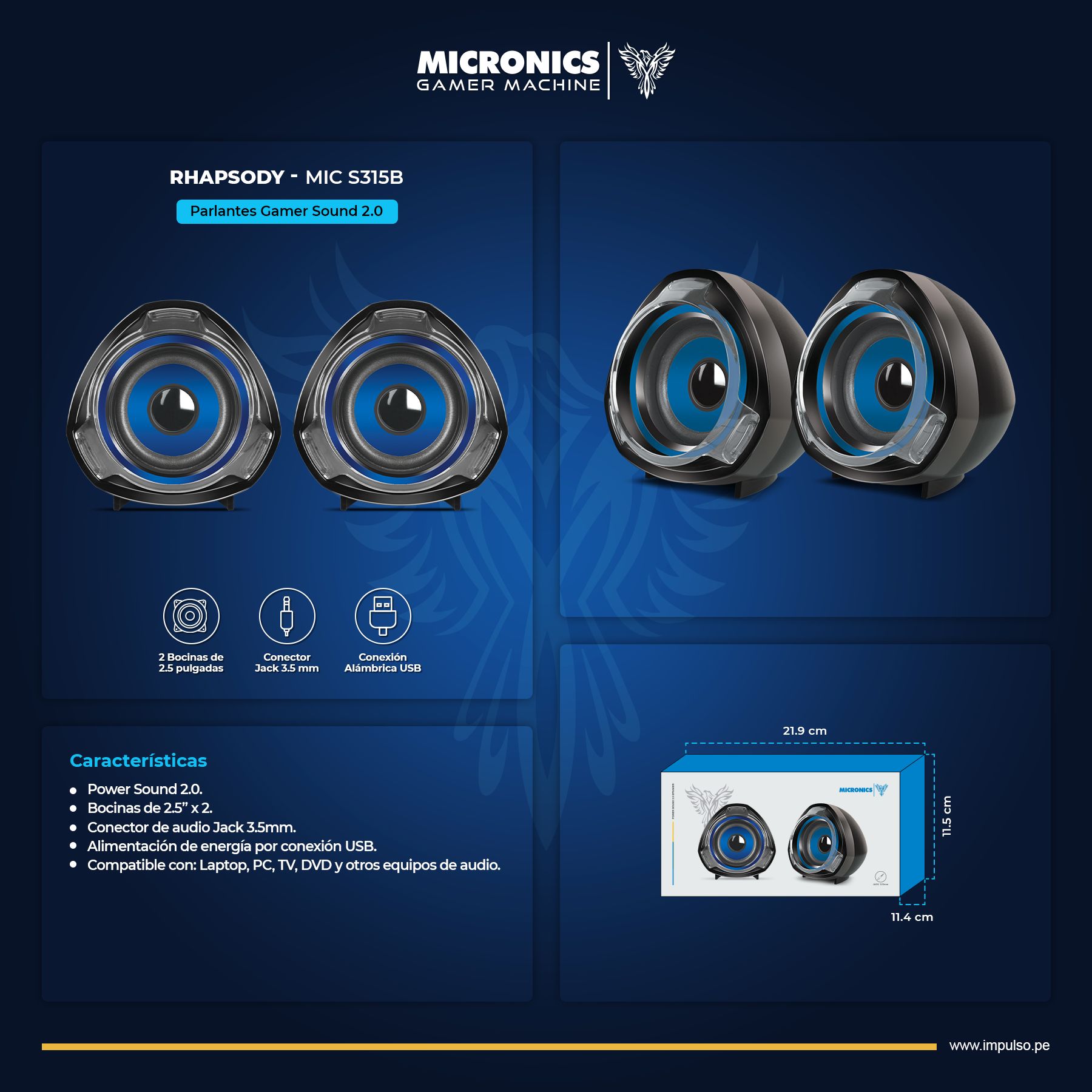 Rhapsody Blu Mic S315B Parlante 2.0 USB 2.5" Rms:12W Micronics