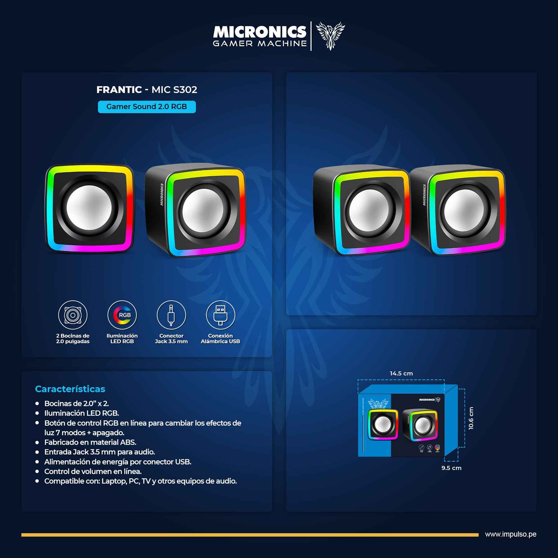 Frantic Mic S302 Parlante 2.0 LED 2" Micronics