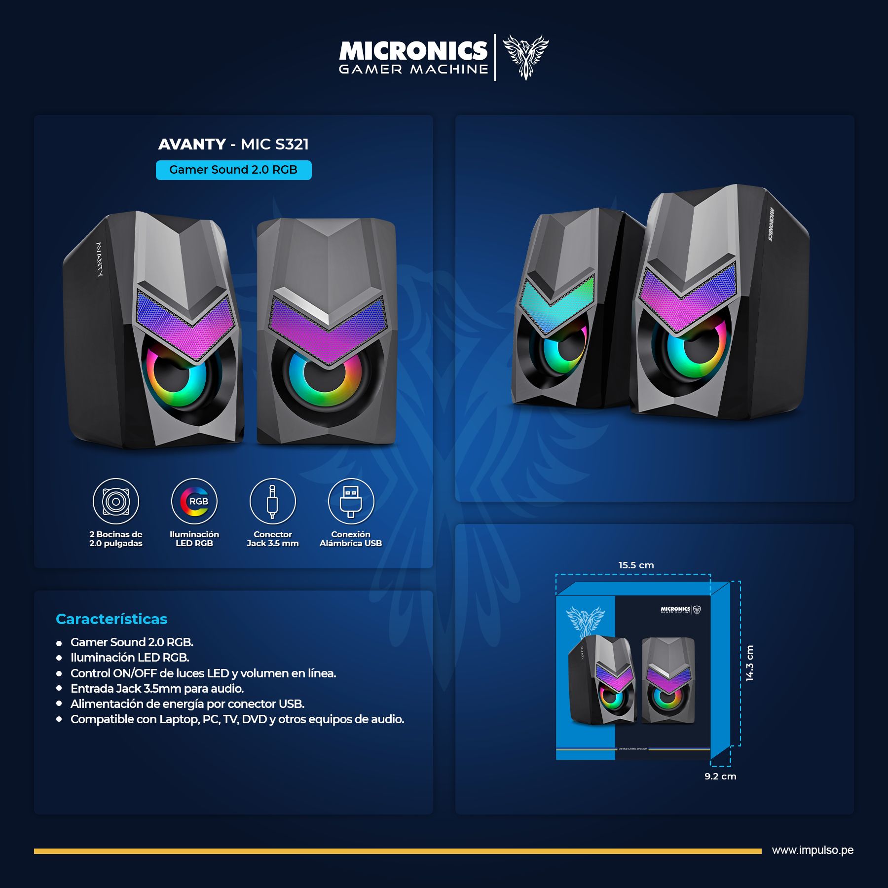 Avanty Mic S321 Parlante 2.0 RGB 2" Micronics