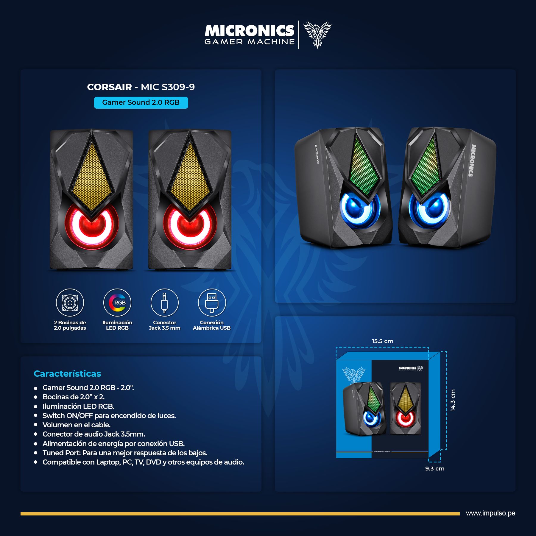 Corsair+ Mic S309-Usb Parlante 2,0 USB 2" Micronics