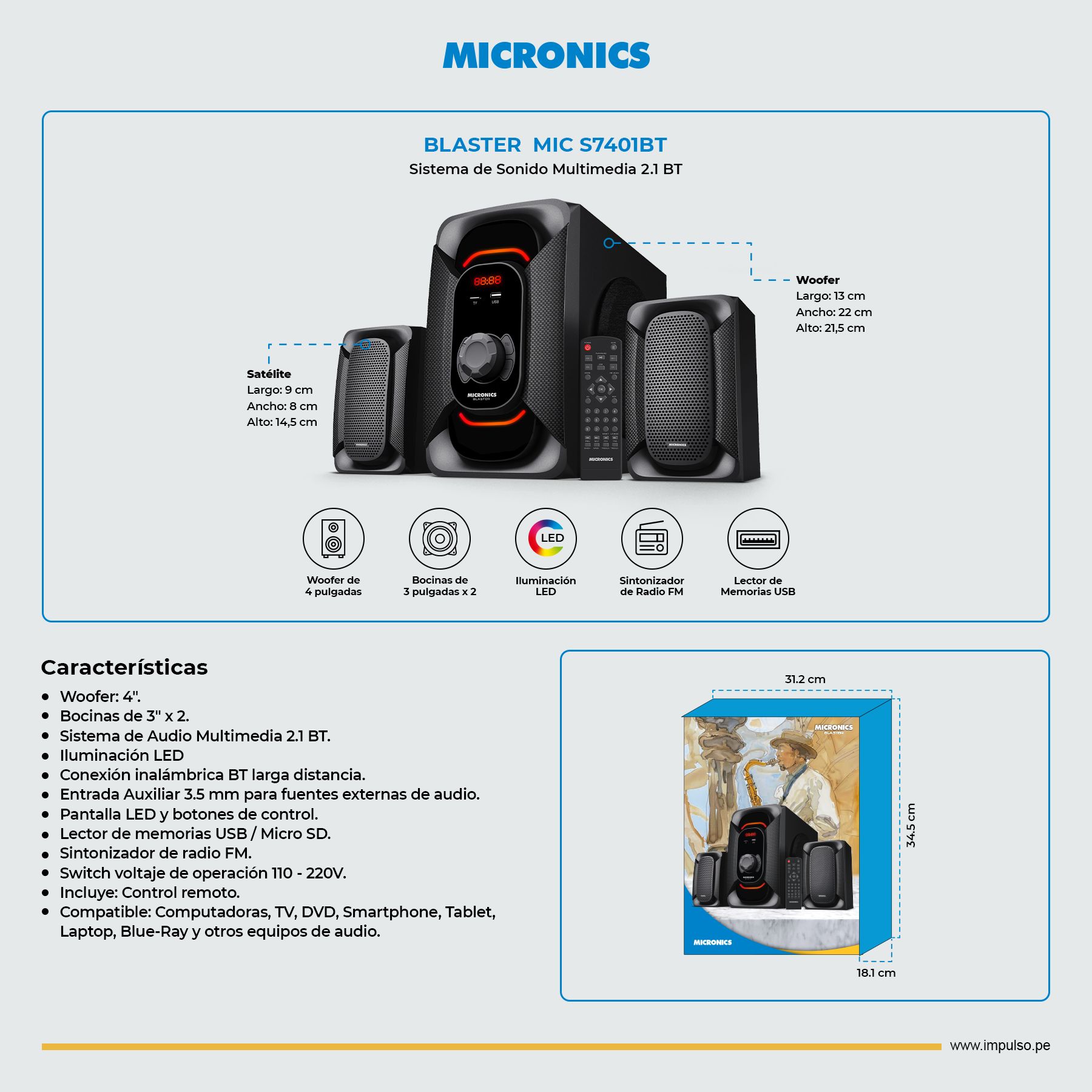 Melody MIC S7401Bt Sistema De Audio LED FM USB Micronics