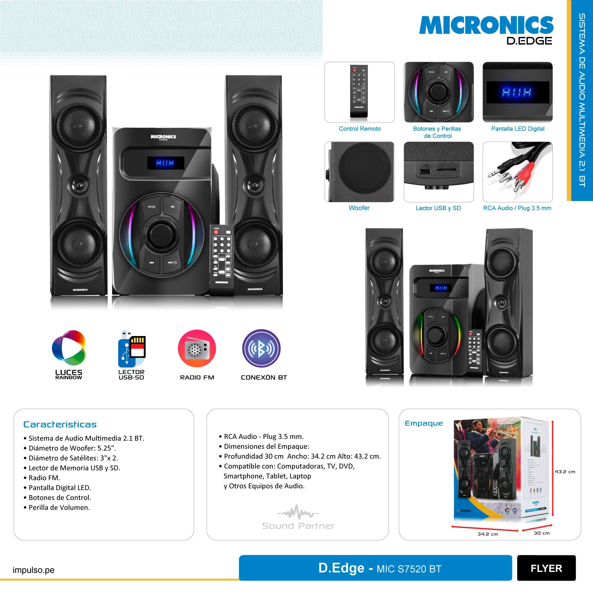 D.Edge MIC S7520Bt Sistema De Audio Rainbow FM Sd+Usb Rc Micronics