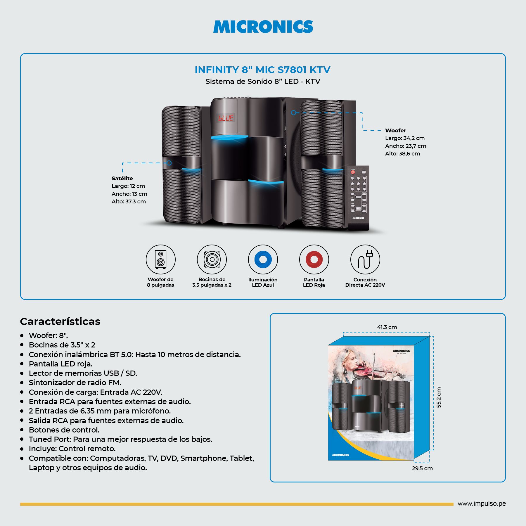 Infinity 8 MIC S7801 Sistema De Audio BT FM Sd+Usb Rc Micronics