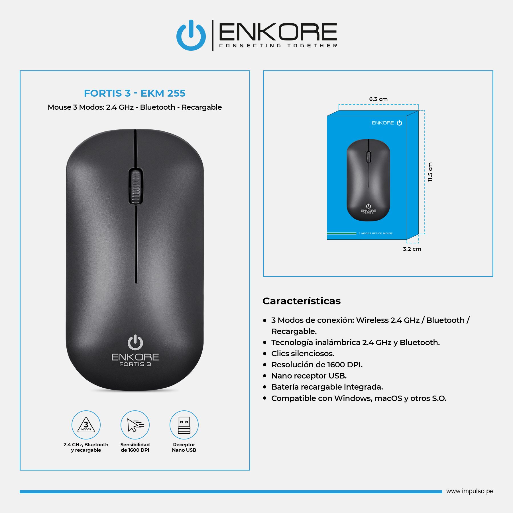Fortis 3 Ekm255-3M Mouse BT WIFI Recragable Enkore