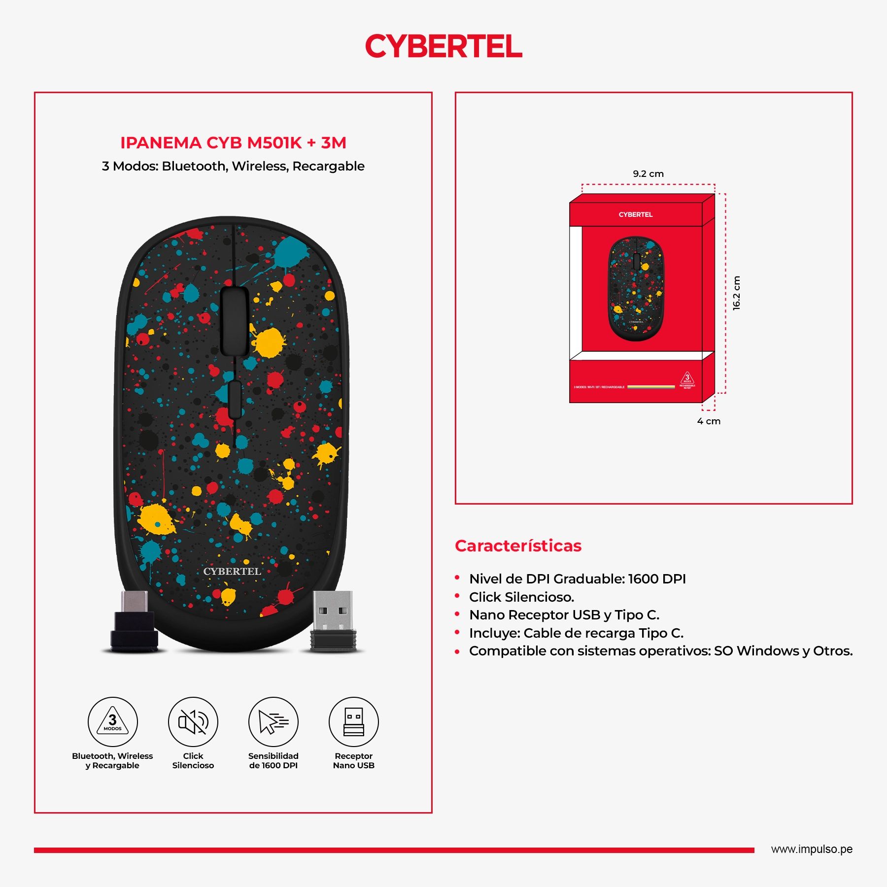 Ipanema 3 Black CYB M501K+-3M Mouse BT WIFI Recargable C Cybertel