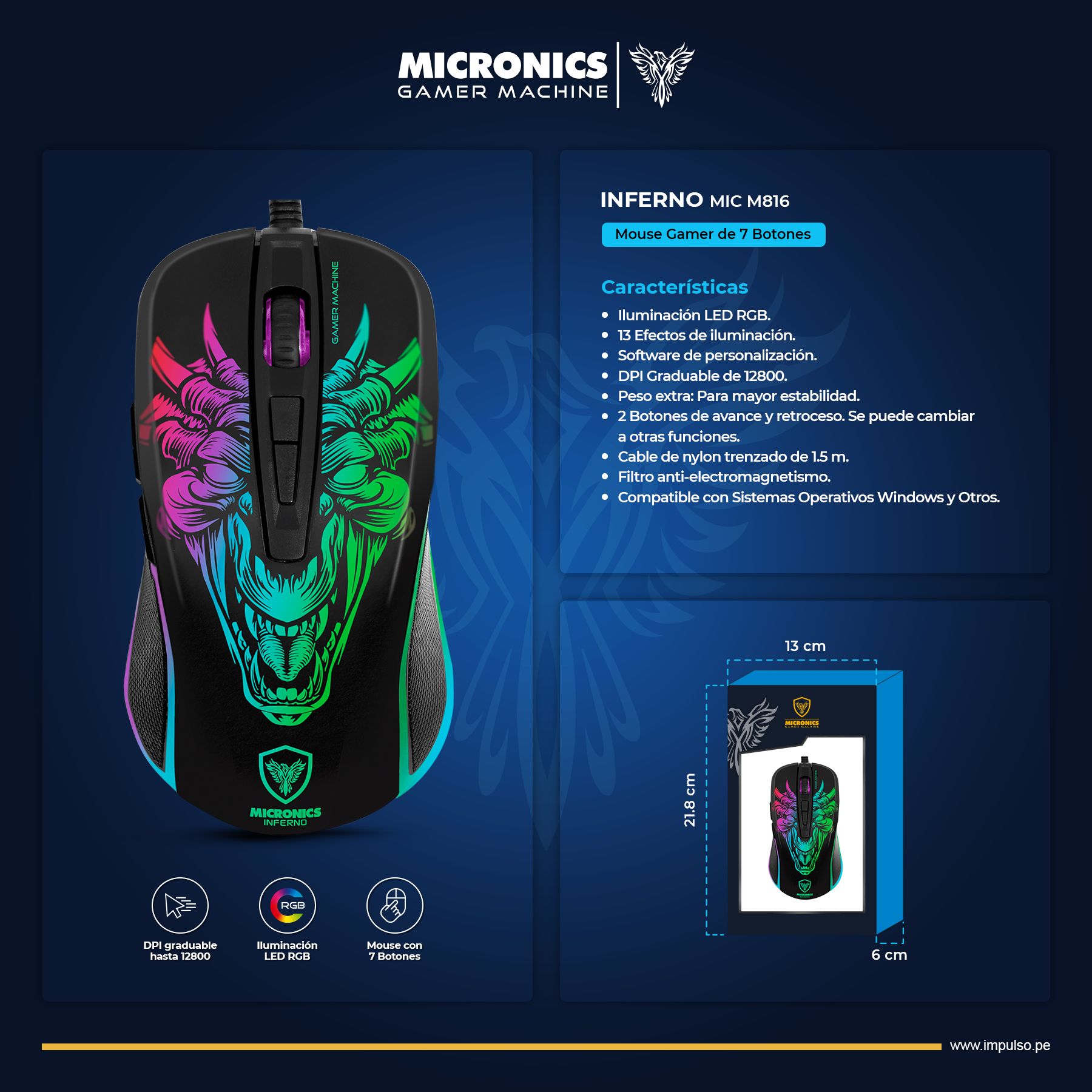 Inferno MIC M816 Mouse Gamer USB RGB Running 7B 7200Dpi Micronics