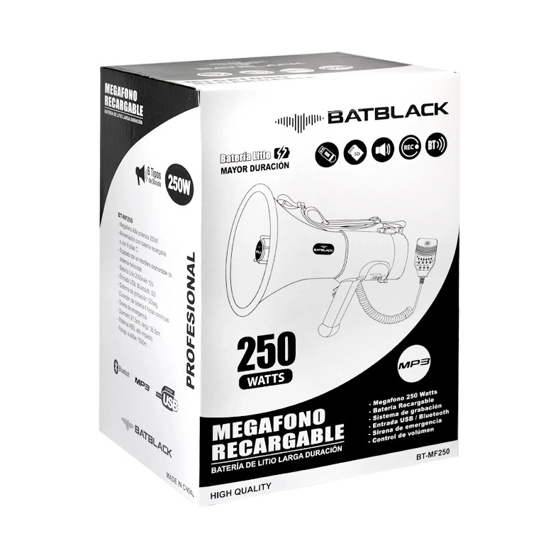 Megáfono Industrial 250W Recargable con Bluetooth Batblack BT-MF250