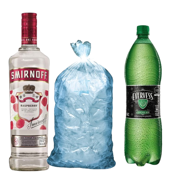 Smirnoff Raspberry 700 ml + Evervess 1.5 lt + Hielo 1.5 kg