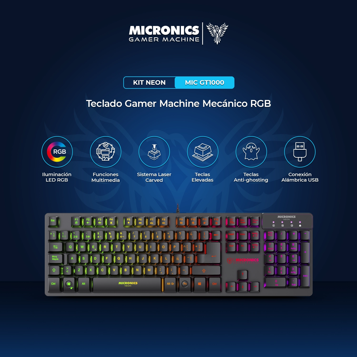 2 En 1 - Teclado + Mouse Neon - MIC GT1000