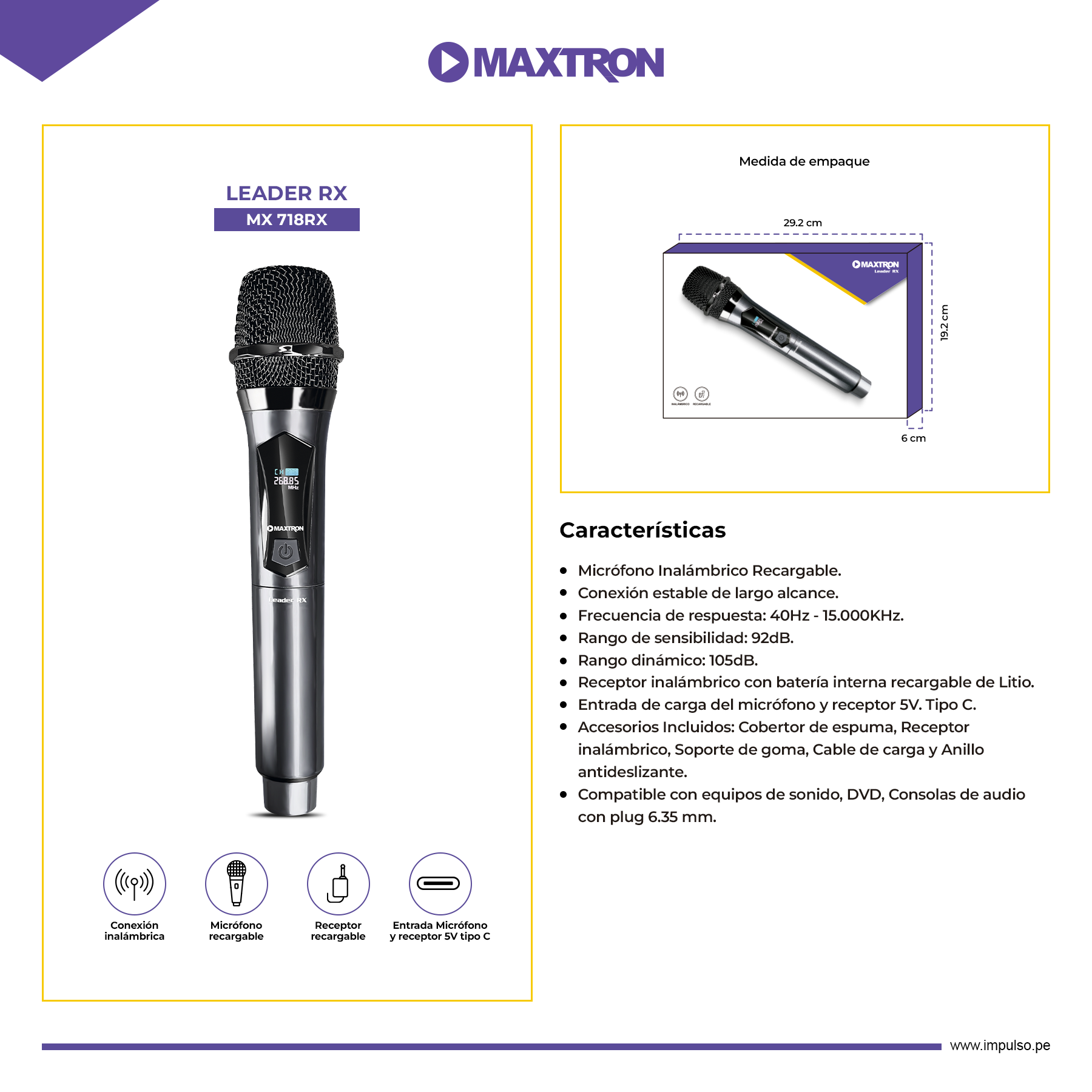 Micrófono Inalámbrico Recargable Maxtron RX MX718RX