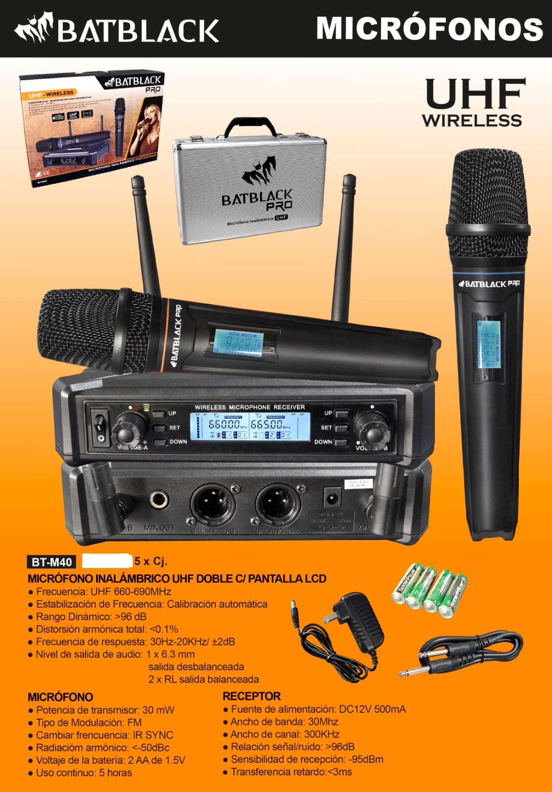 Micrófono Inalámbrico Doble UHF Batblack BT-M40 PRO