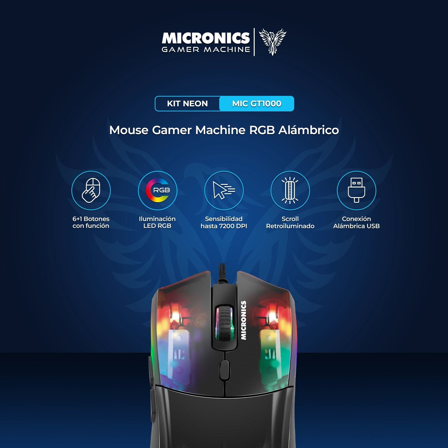 2 En 1 - Teclado + Mouse Neon - MIC GT1000