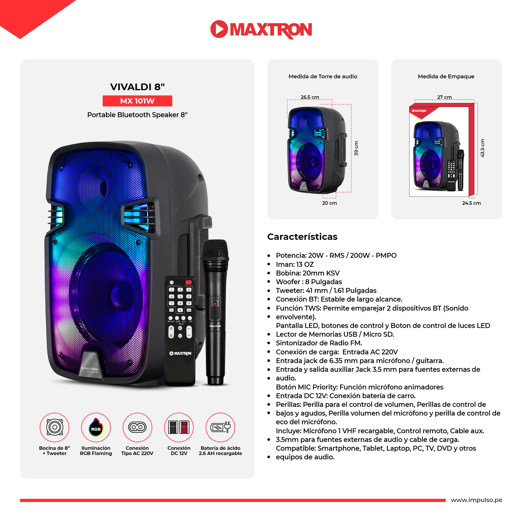 Parlante Portátil Bluetooth 8" Maxtron Vivaldi MX-101W
