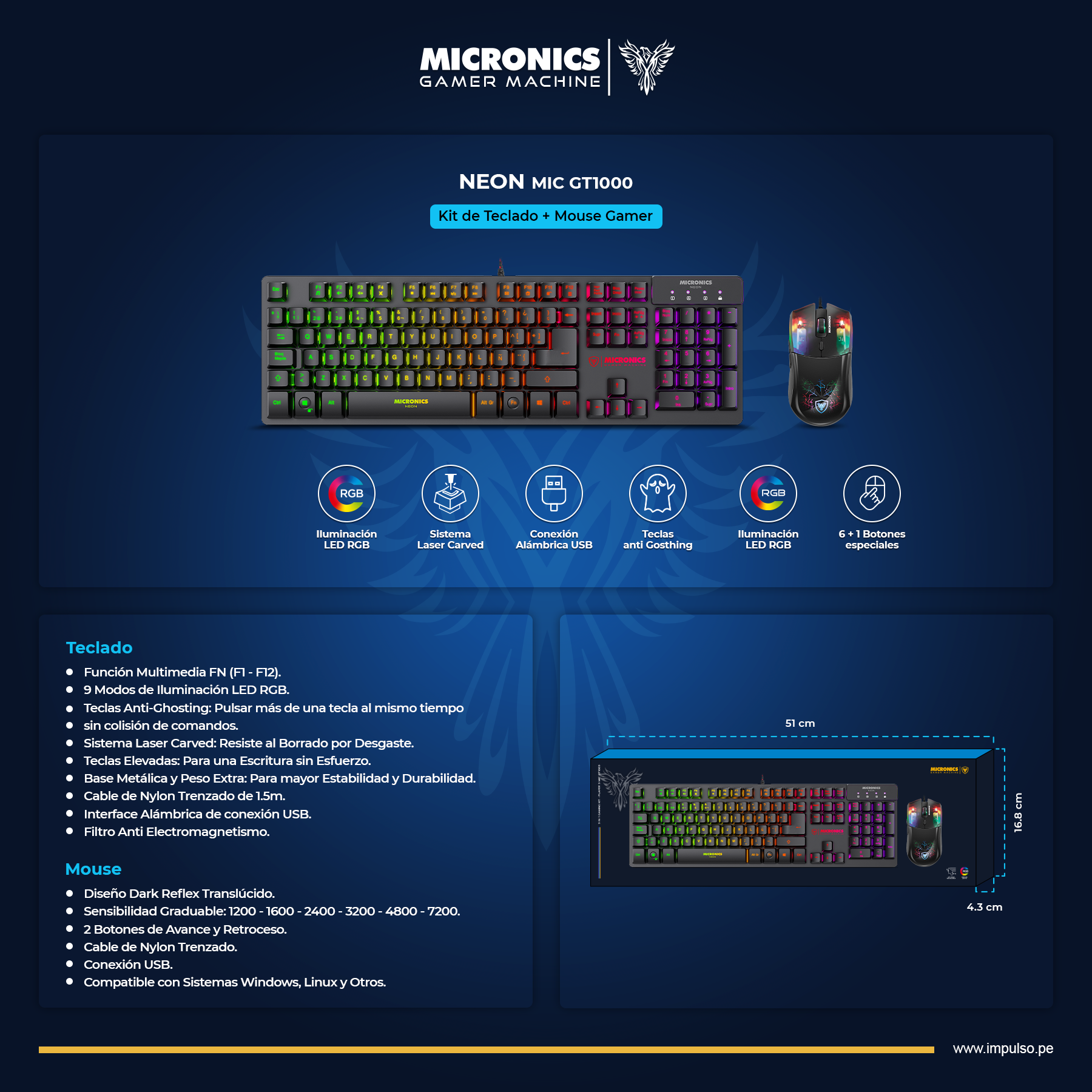 2 En 1 - Teclado + Mouse Neon - MIC GT1000